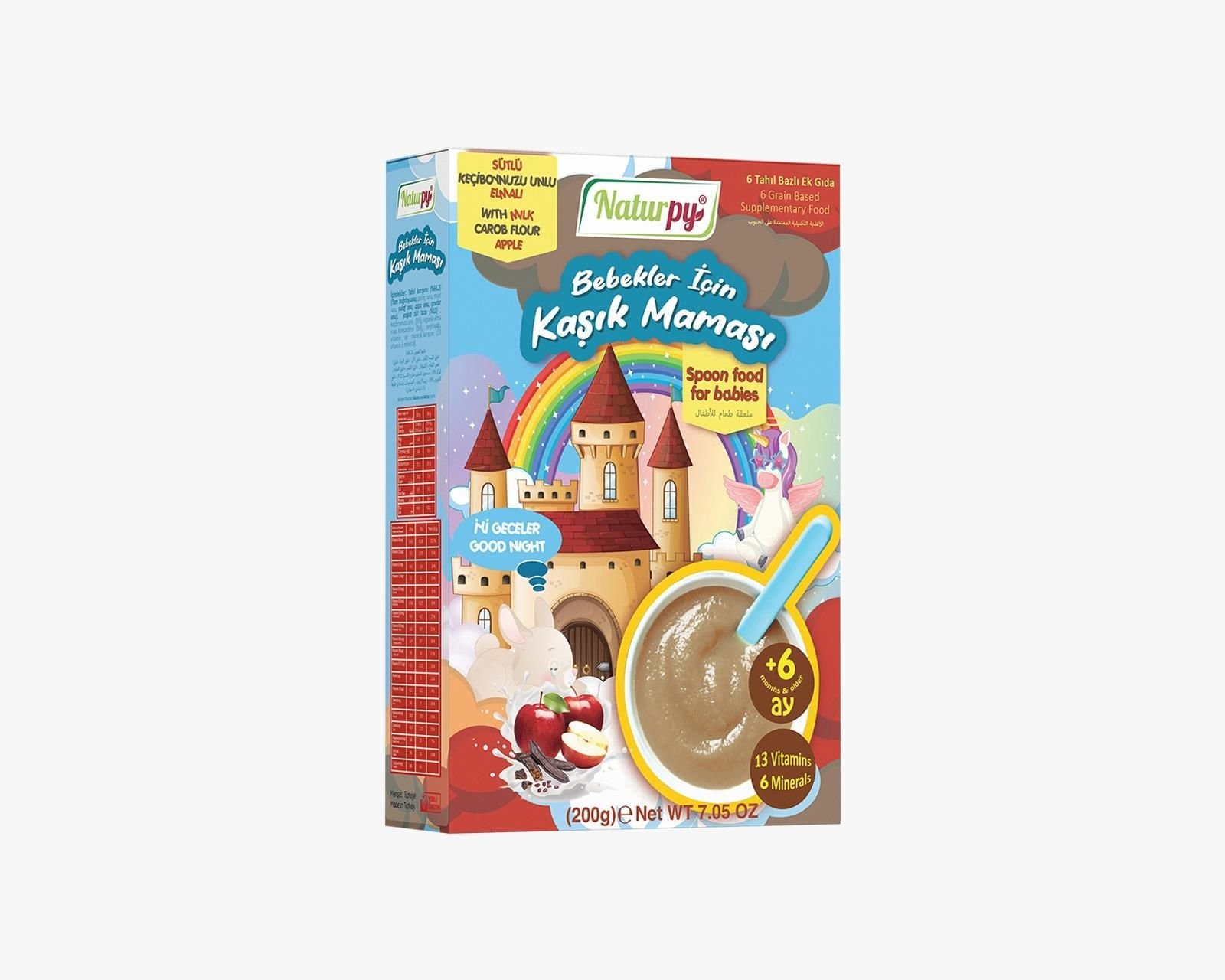 NATURPY SÜTLÜ KEÇİBOYNUZLU VE ELMALI KAŞIK MAMASI 200 GR 6 TAHILLI +13 VİTAMİN + 6 MİNERAL