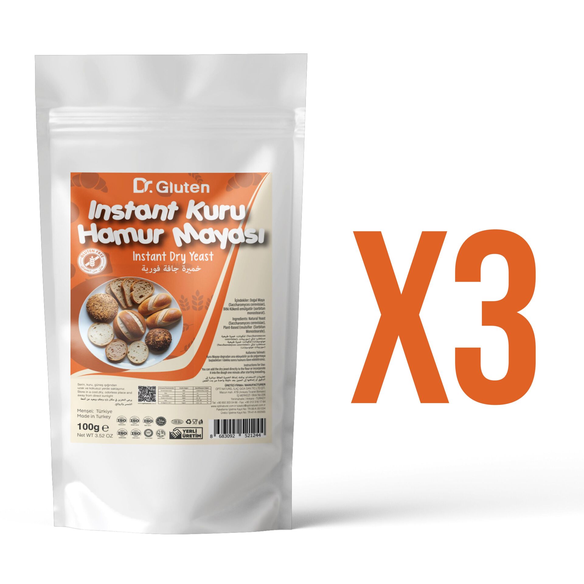 DR. GLUTEN GLUTENSİZ İNST.KURU HAMUR MAYASI 100 GR*3 Lü